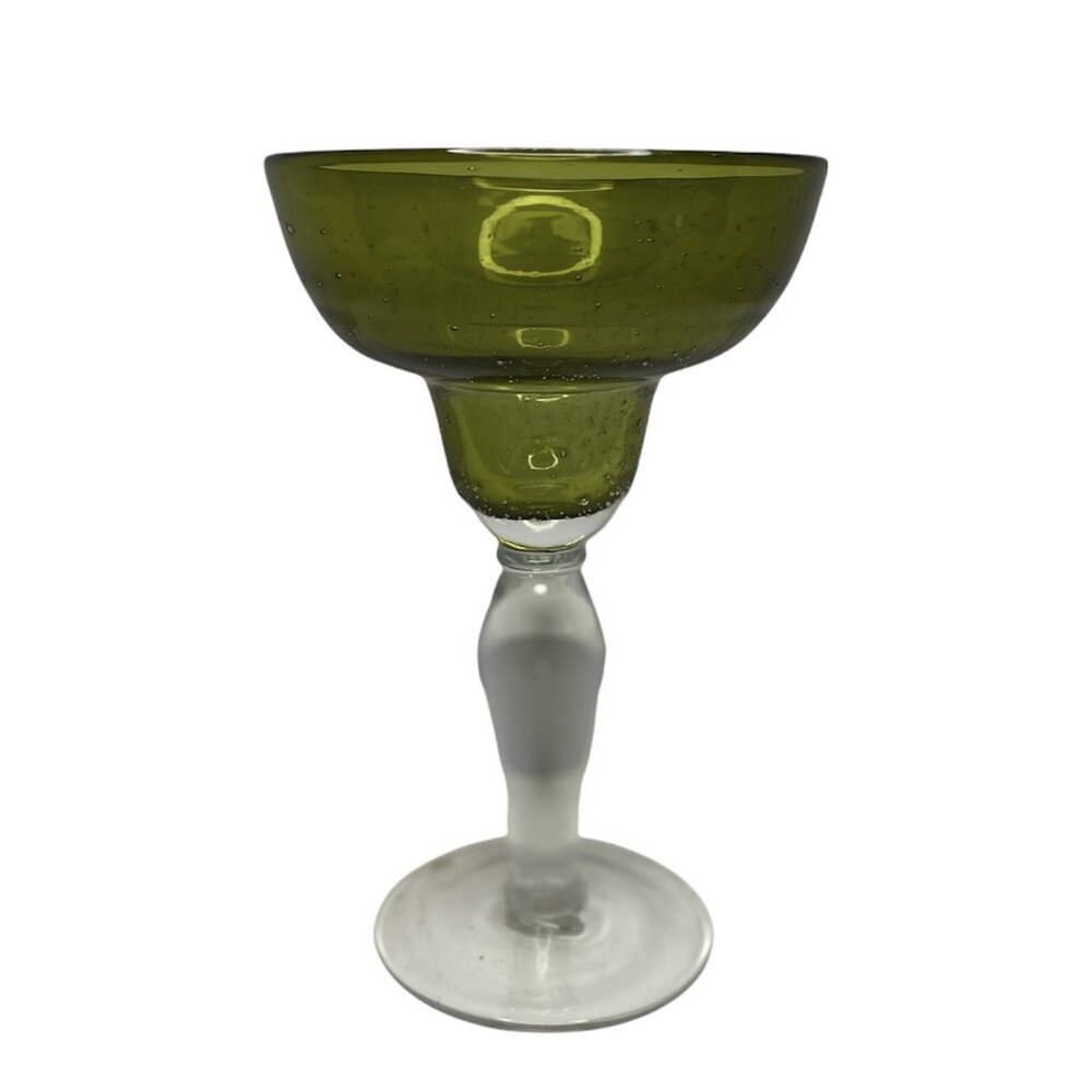 Mexican Margarita Glass Hand Blown Green Clear Stem 8” Tall Bubbled Glass